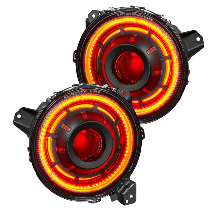 Front view of Oculus Headlights with red LEDs.