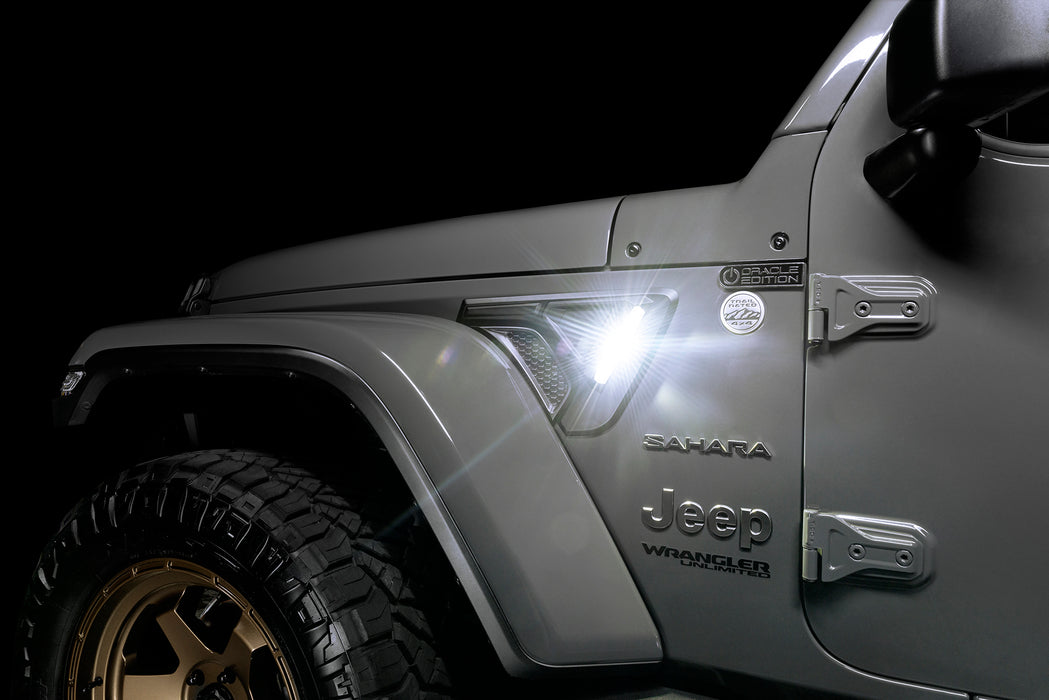 Close-up of Sidetrack™ LED Lighting System installed on a Jeep, and set to white LED mode.