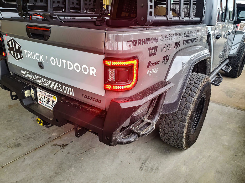 Rear end of a Jeep Gladiator JT equipped with Flush Mount LED Tail Lights.
