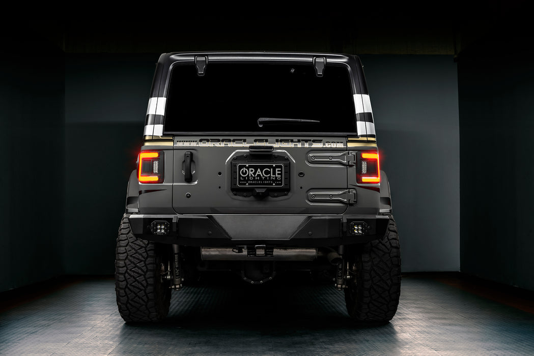 Rear view of a Jeep Wrangler JL with Flush Mount LED Tail Lights installed and DRLs on.