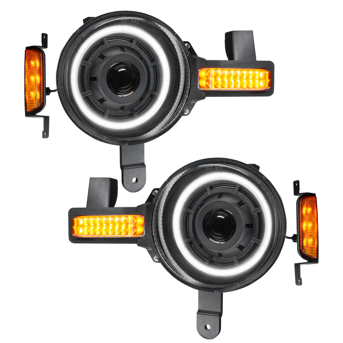 Oculus™ Bi-LED Projector Headlights for 2021+ Ford Bronco with white LED outer halo.