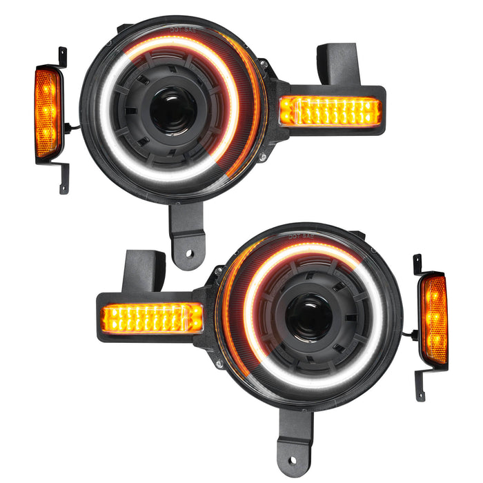 Oculus headlights for Ford Bronco with amber and white DRL.