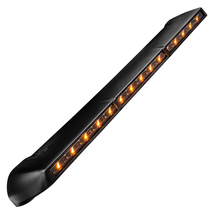 Black Integrated Windshield Roof LED Light Bar System for 2021+ Ford Bronco with amber LEDs.