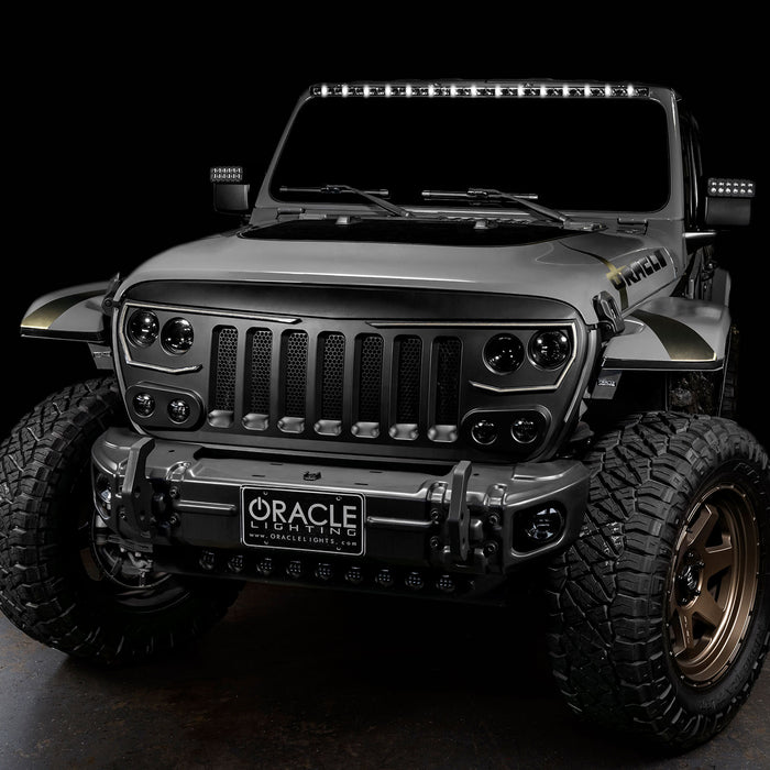 50" RFT lightbar installed on a Jeep Wrangler JL with white LEDs on.