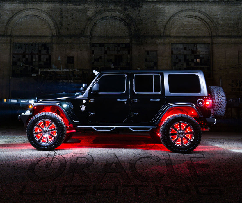 Side view of a Jeep Wrangler with Black Series - 7D 3" 20W LED Square Spot/Flood Lights installed on the dashboard.