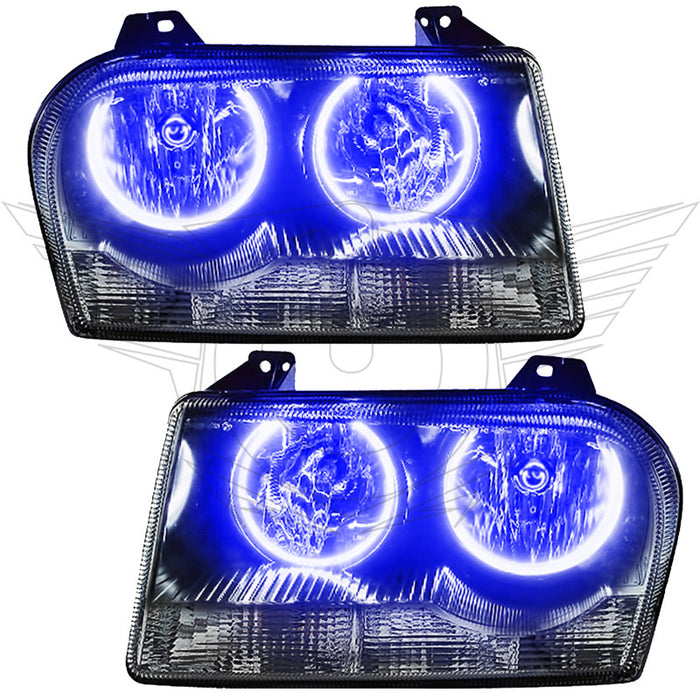 Chrysler 300 headlights with blue LED halo rings.