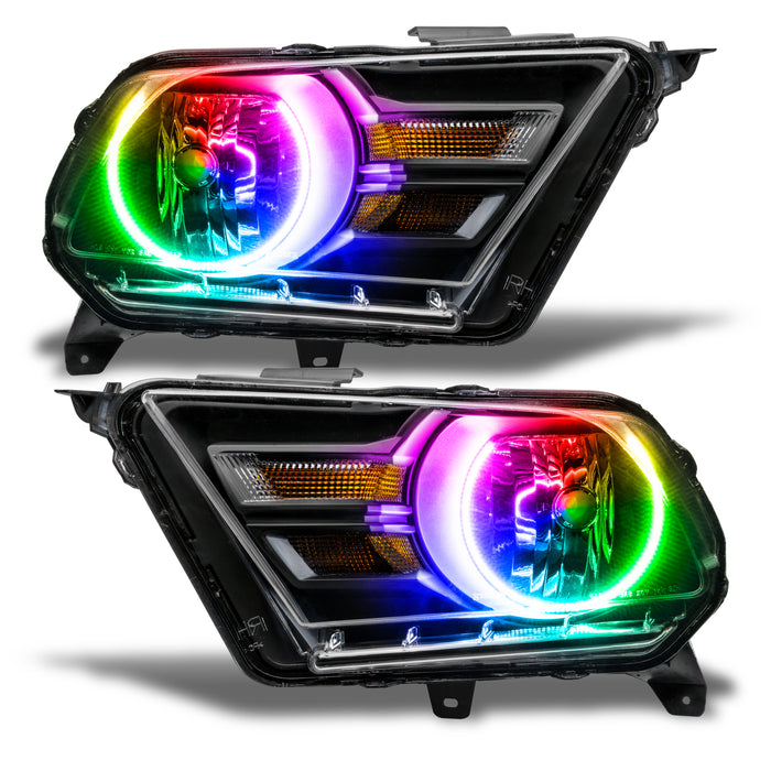 Ford Mustang headlights with ColorSHIFT LED halo rings.