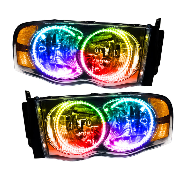 2002-2005 Dodge Ram Pre-Assembled Halo Headlights with ColorSHIFT LED halo rings.