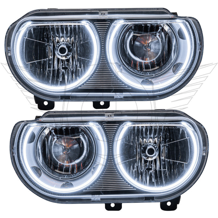 2008-2014 Dodge Challenger Pre-Assembled Halo Headlights - Non HID - Chrome with white LED halo rings.