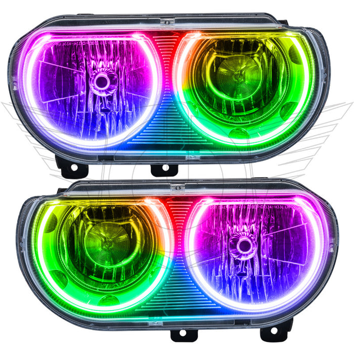2008-2014 Dodge Challenger Pre-Assembled Halo Headlights - Non HID - Chrome with ColorSHIFT LED halo rings.