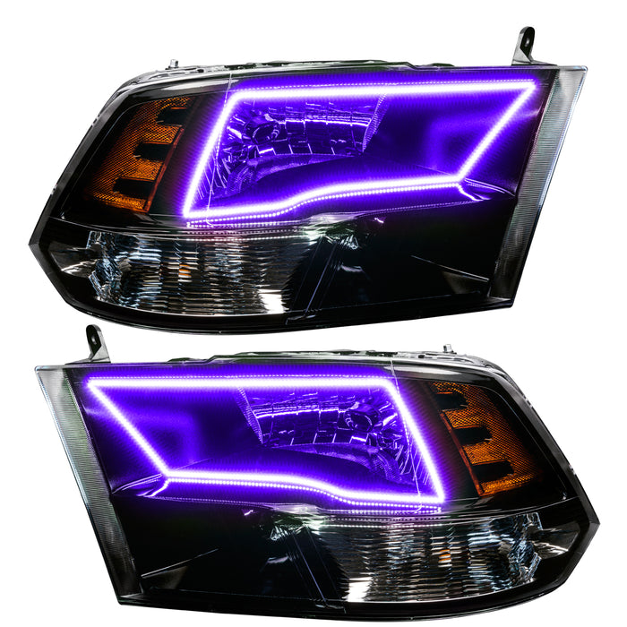 2009-2018 RAM ColorSHIFT Switchback Quad Pre-Assembled Halo Headlights - Black Housing with purple halos.