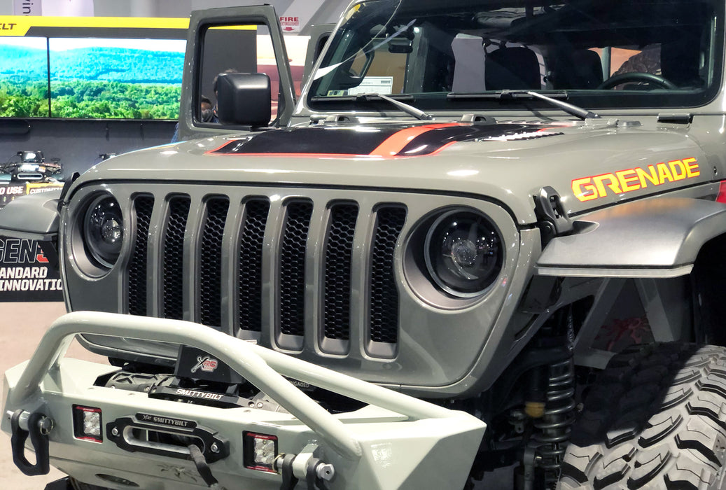Close-up of Oculus Headlights installed on a Jeep Wrangler JL.
