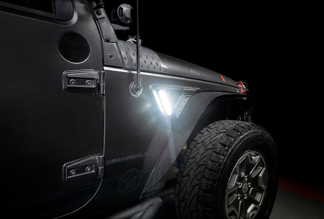 Close-up of Sidetrack™ LED Fender Lighting System installed on a Jeep Wrangler JK, set to white LED mode.