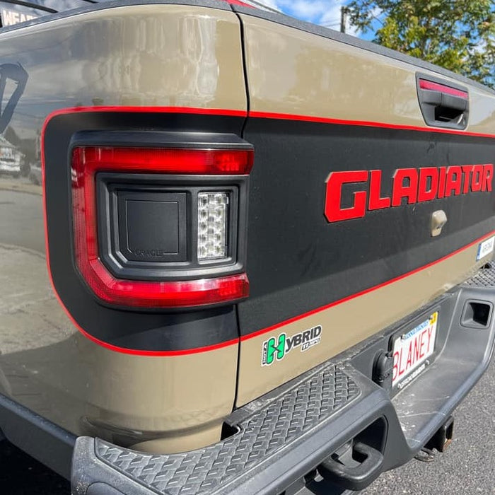 Close-up on the rear end of a Jeep Gladiator JT equipped with Flush Mount LED Tail Lights.