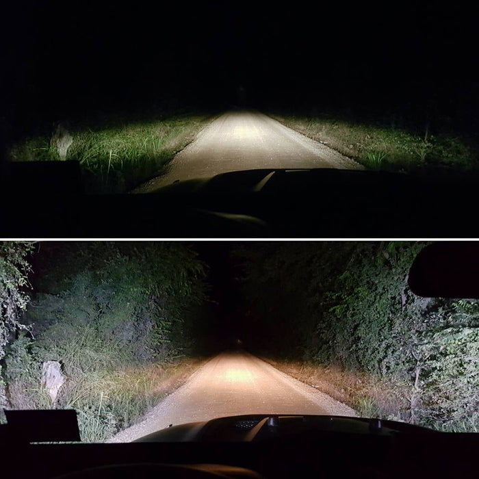 Side by side comparison from the drivers point of view, showing a dark road with LED Off-Road Side Mirrors turned off versus on.