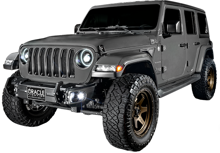 Three quarters view of a Jeep Wrangler JL with "Smoked Lens" LED Front Sidemarkers installed.