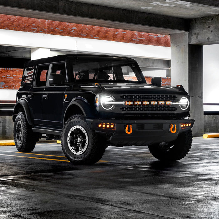 Black Ford Bronco in a parking garage with Amber LED Illuminated Letter Badges