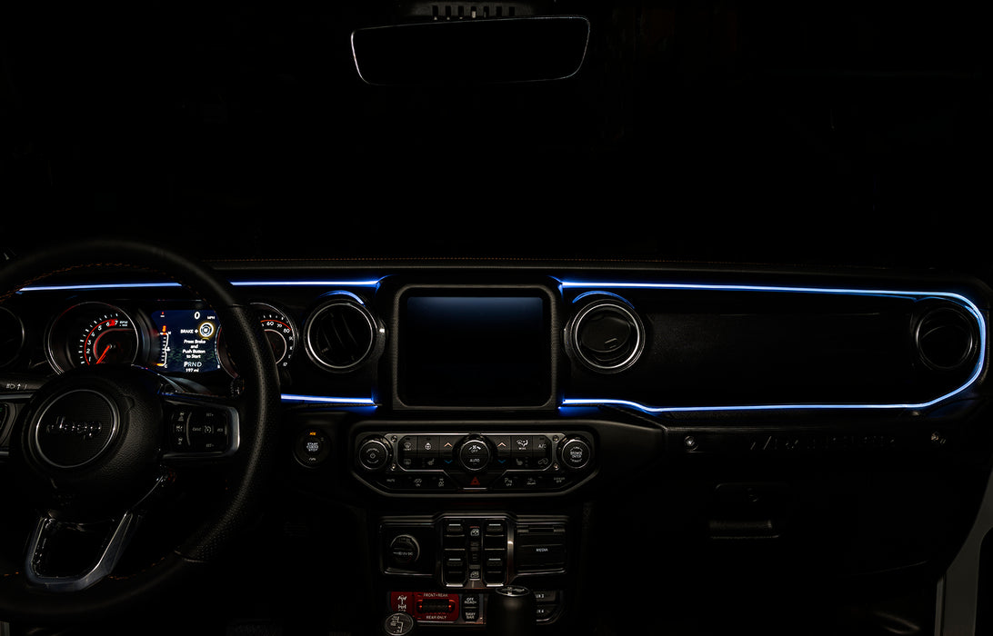 Jeep dashboard with white fiber optic LED interior kit installed.