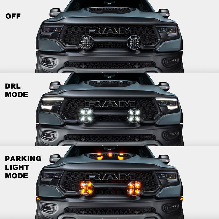 Three views of the 7" Multifunction LED Spotlight installed on a TRX, showing the spotlight turned off, DRL mode, and parking light mode.