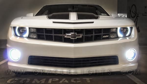 Front view of a Chevrolet Camaro with bright LED fog light bulbs installed.
