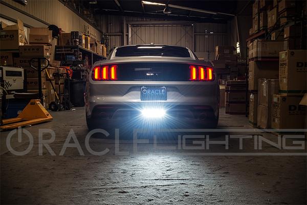 Rear end of a Ford Mustang with High Output LED Reverse Light installed.