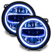 Jeep Wrangler JL headlights with blue DRLs.