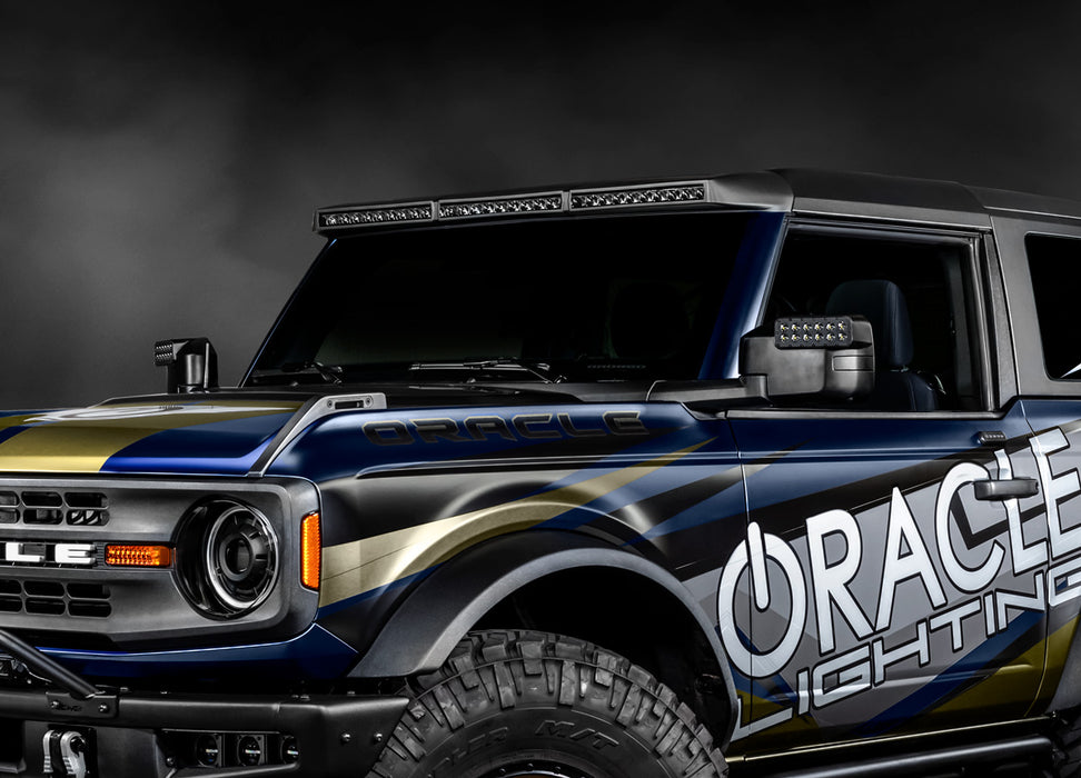 Close-up of Integrated Windshield Roof LED Light Bar System installed on the ORACLE Lighting Ford Bronco.