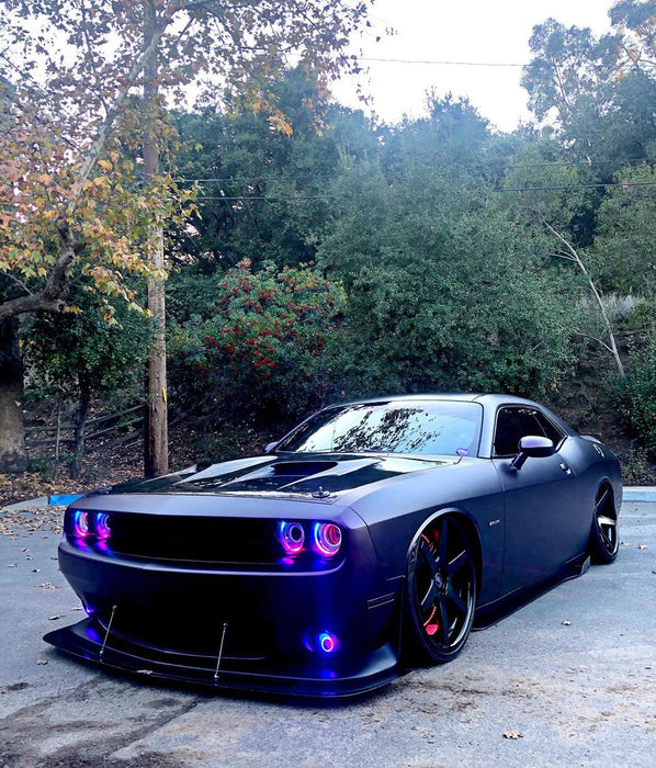 Three quarters view of a Dodge Challenger with Dynamic ColorSHIFT Headlight Halo Kit installed.