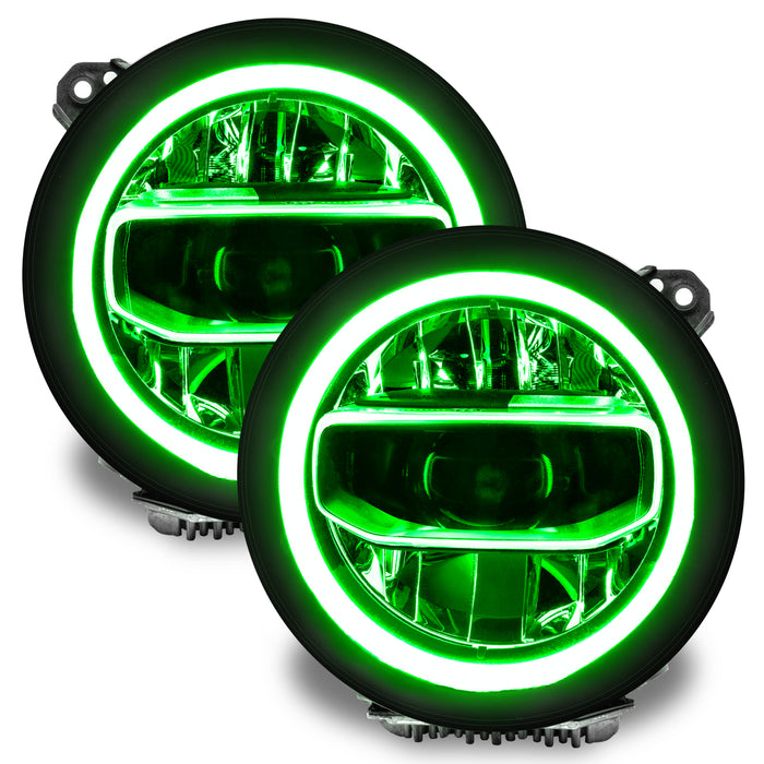 Jeep Wrangler JL headlights with green DRLs.