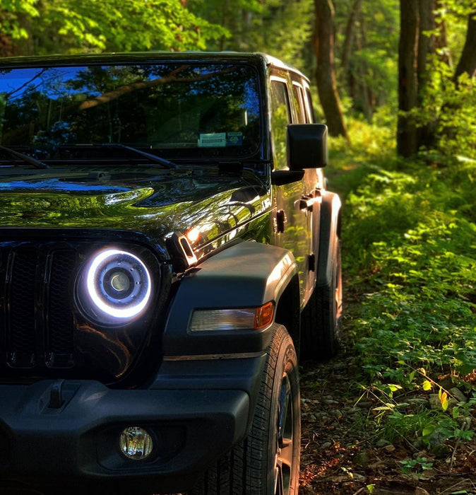 Close-up of a Jeep Wrangler JL with Oculus Headlights installed.