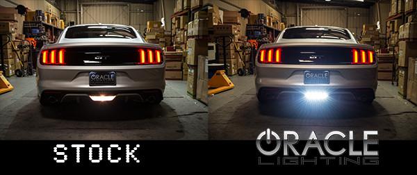 Side by side comparison of stock reverse light versus brighter ORACLE Lighting High Output LED Reverse Light.