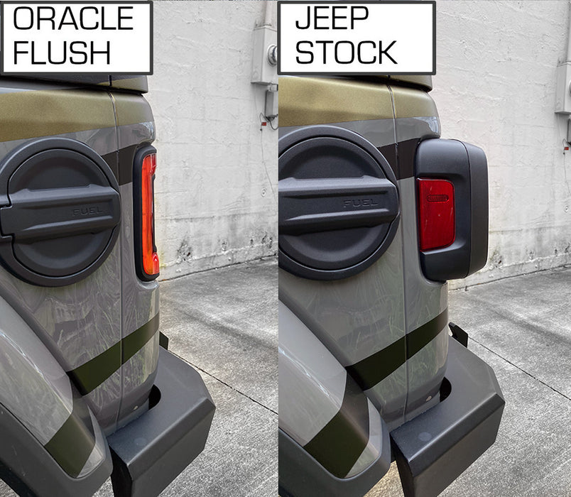 Side by side comparison of ORACLE Lighting Flush Mount LED Tail Lights versus Jeep Stock Tail Lights. The ORACLE Flush Mount LED Tail Lights protrude significantly less than the Jeep Stock.