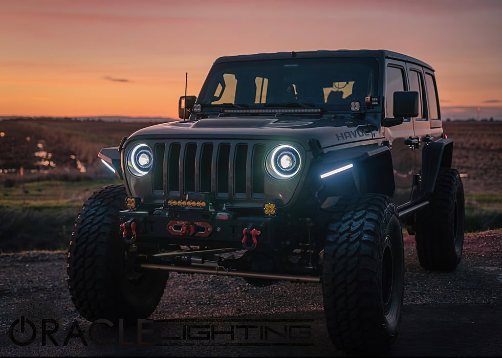 Front end of a Jeep Wrangler JL with Oculus Headlights installed.