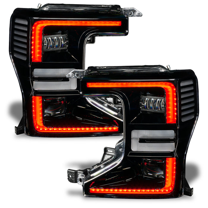 Ford Superduty headlights with red DRLs.