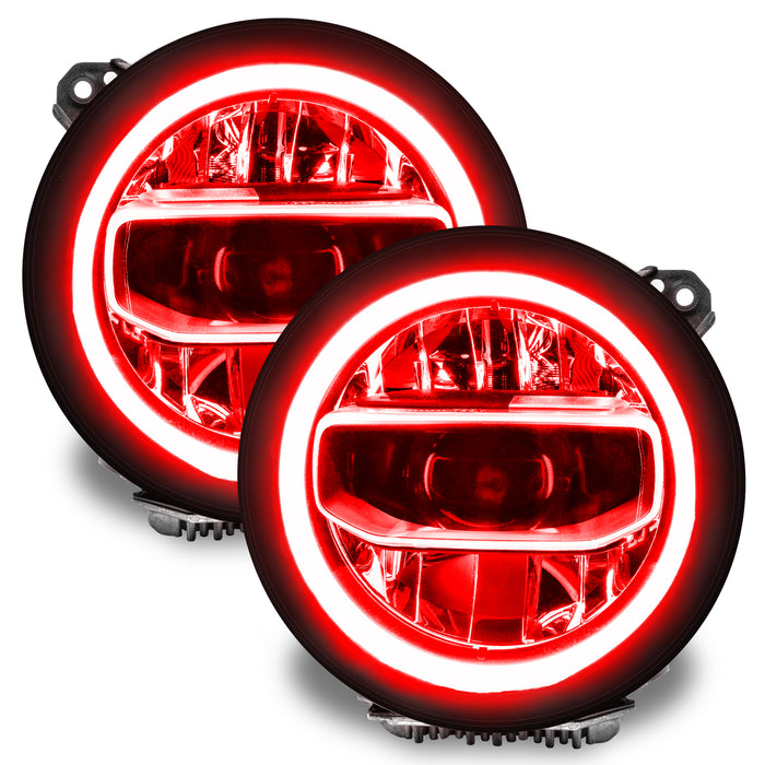Jeep Wrangler JL headlights with red DRLs.