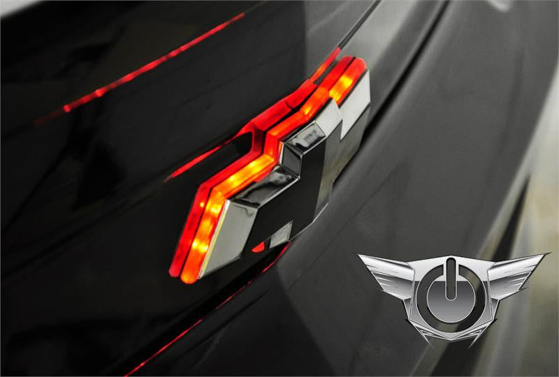Close-up of Illuminated LED Rear Bowtie Emblem installed on a Chevrolet Camaro.