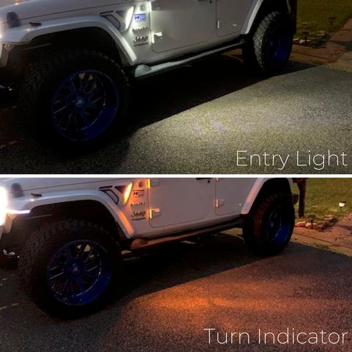 Two photos of Sidetrack™ LED Lighting System installed on a Jeep, demonstrating the entry light feature, and turn indicator feature.