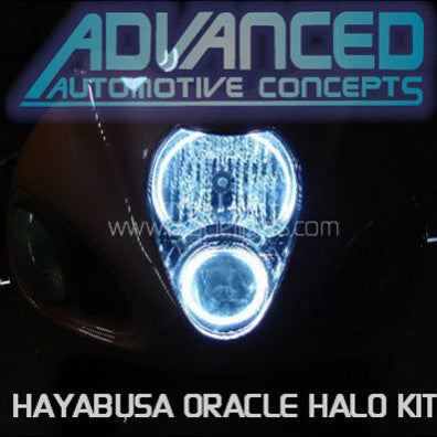 Suzuki Hayabusa headlight unit with white LED halo rings installed.