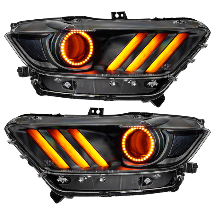 Ford Mustang Pre-Assembled Headlights with amber halos and DRLs.