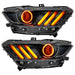 Ford Mustang Pre-Assembled Headlights with amber halos and DRLs.