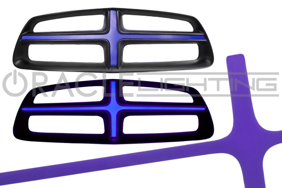 2011-2014 Dodge Charger ORACLE Illuminated Grill Crosshairs with purple LEDs.