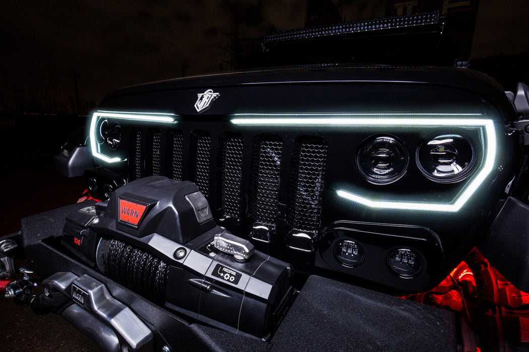 Close-up on the front end of a Jeep with VECTOR Pro-Series LED Grill installed.