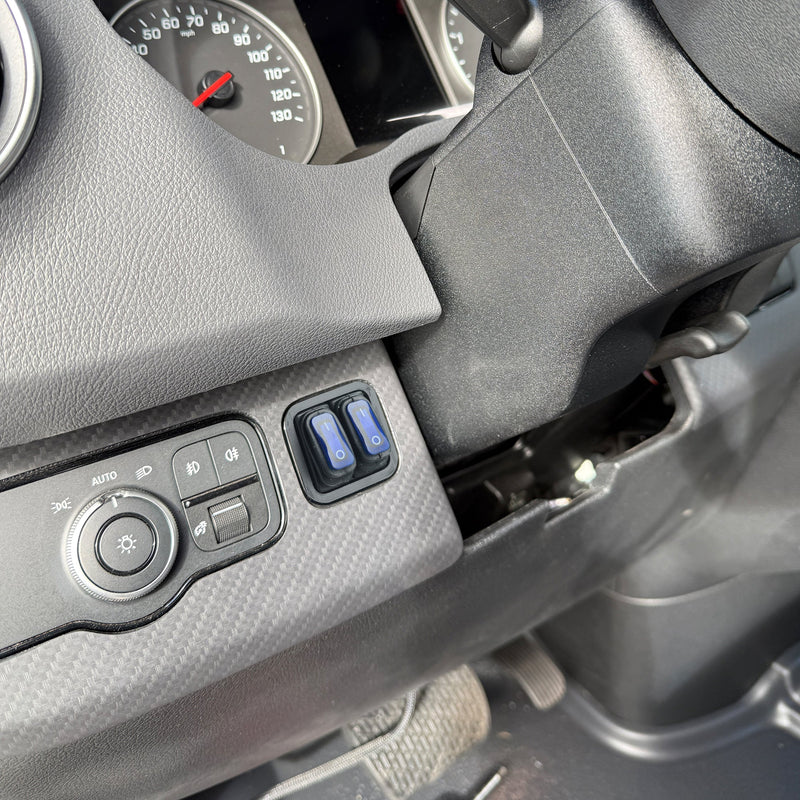 OEM-Style Switch Control for Sprinter Adventure Vans and Conversions, featuring dashboard switch pod and controls.