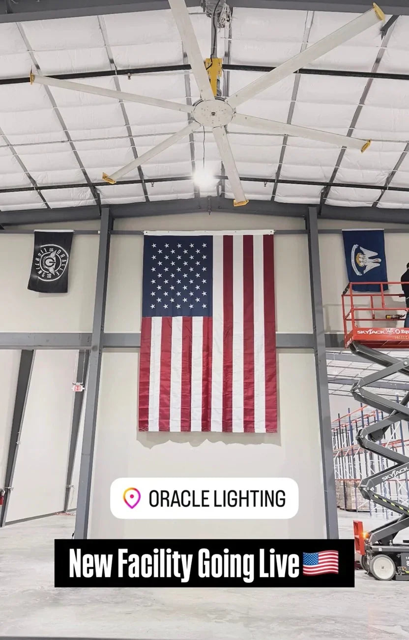 Big Update: Our New ORACLE Lighting Facility Is Almost Finished! Interior view featuring American flag and construction details.