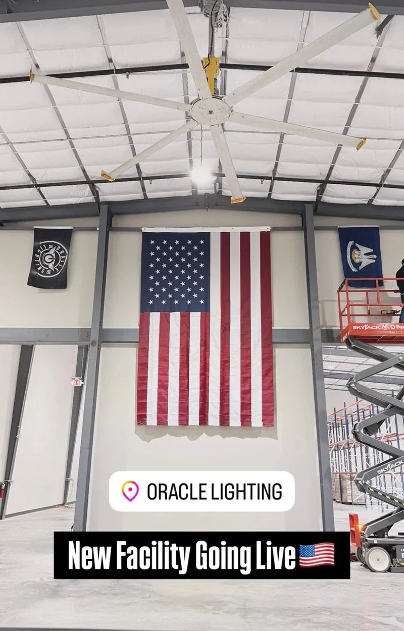 Big Update: Our New ORACLE Lighting Facility Is Almost Finished! Interior view featuring American flag and construction details.