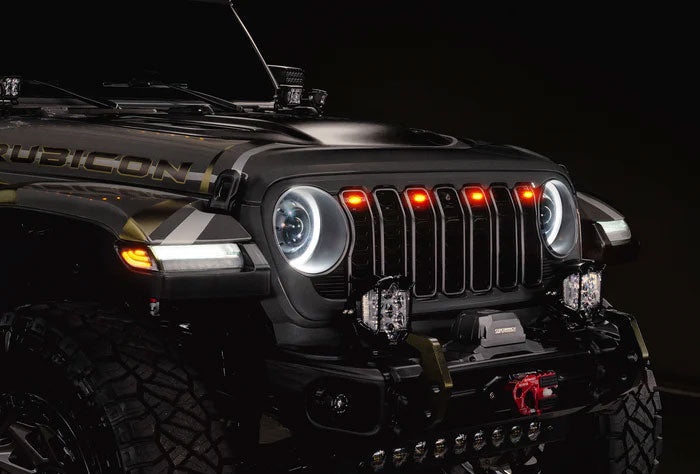 NEW!  LED Grill Light Kit for the 2024+ “Refresh” JL and Gladiator installed on a Jeep Rubicon.