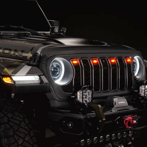 NEW!  LED Grill Light Kit for the 2024+ “Refresh” JL and Gladiator installed on a Jeep Rubicon.