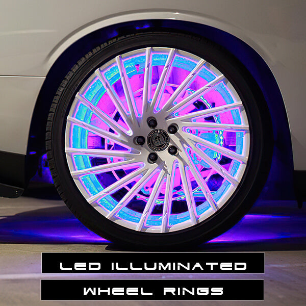 Wheel LED Lights represented by a wheel with colorful lights and the text, "LED Illuminated Wheel Rings."