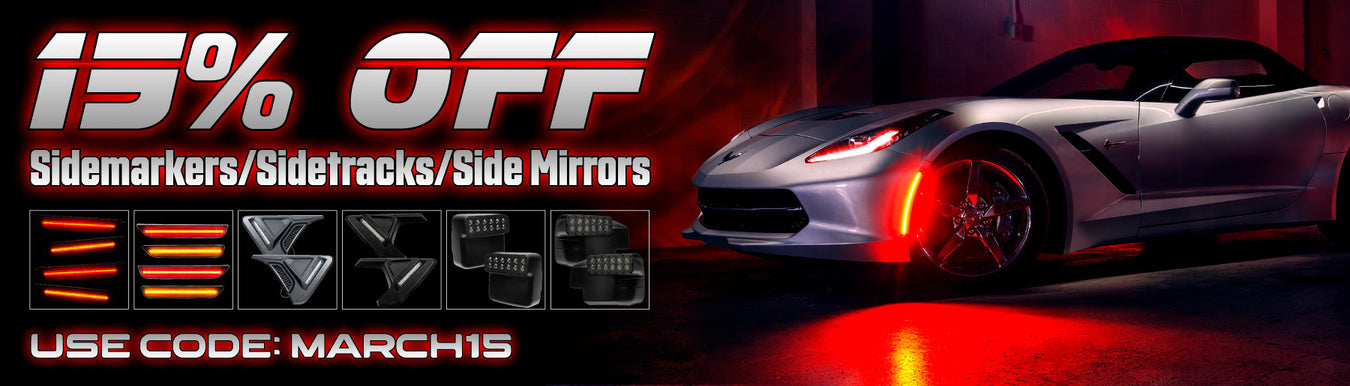 15% Off Sidemarkers, Sidetracks & Sidemirrors promotion with car and accessories.