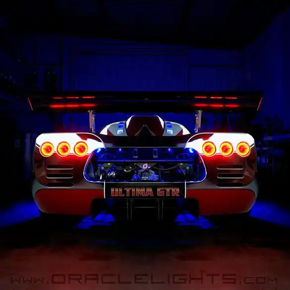 Rear end of an Ultima GTR with Surface Mount Tail Light Halo Kit installed.